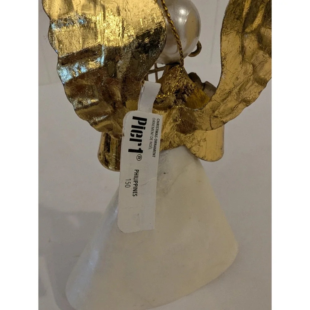 VTG Pier 1 Capiz Shell Christmas Angel Ornament W Harp Figure 3D Decorated Gold